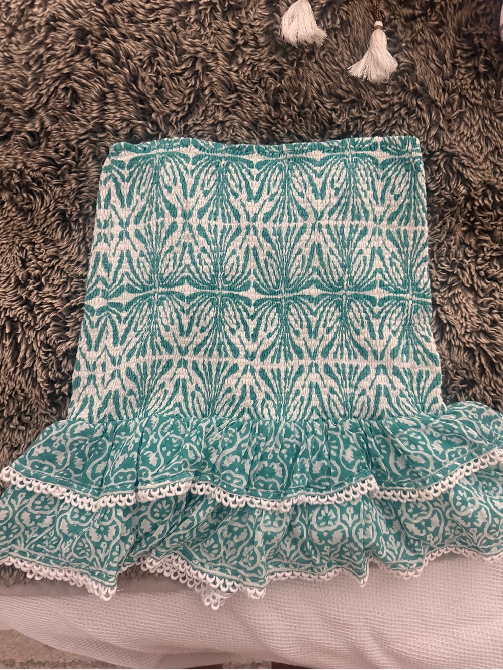 Turquoise and White Printed Ruffle Hem Mini Skirt